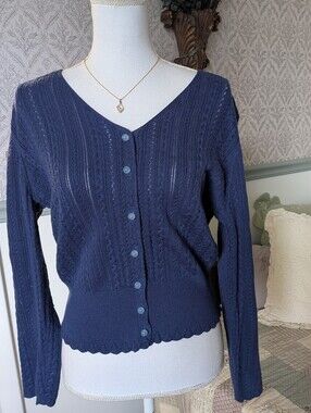 Simple Retro Navy Blue Pointelle Cable Knit Cardigan Scalloped Hem M
